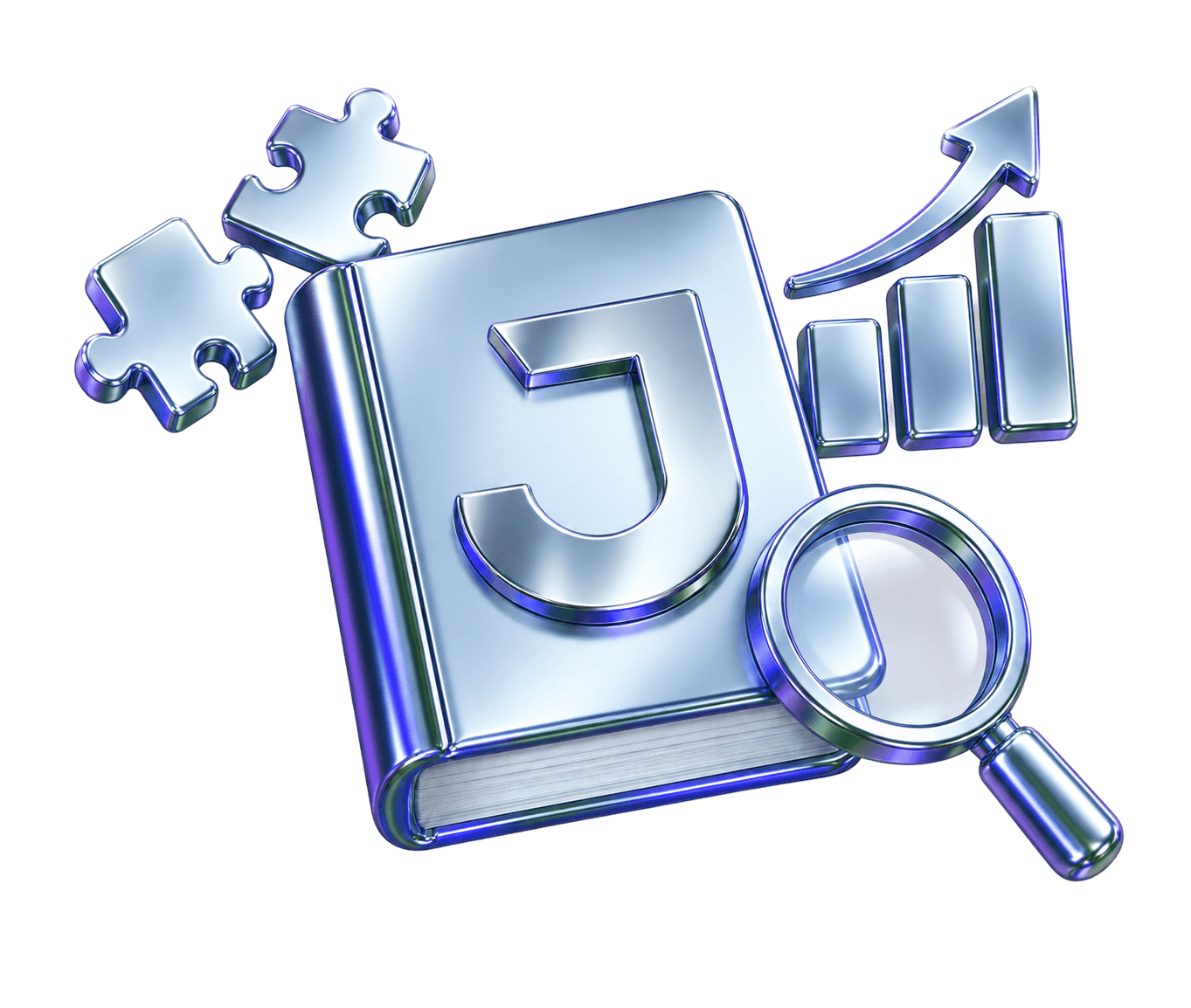 A chrome book with the Jolly J on its cover, beside puzzle pieces, a rising bar chart and a magnifying glass